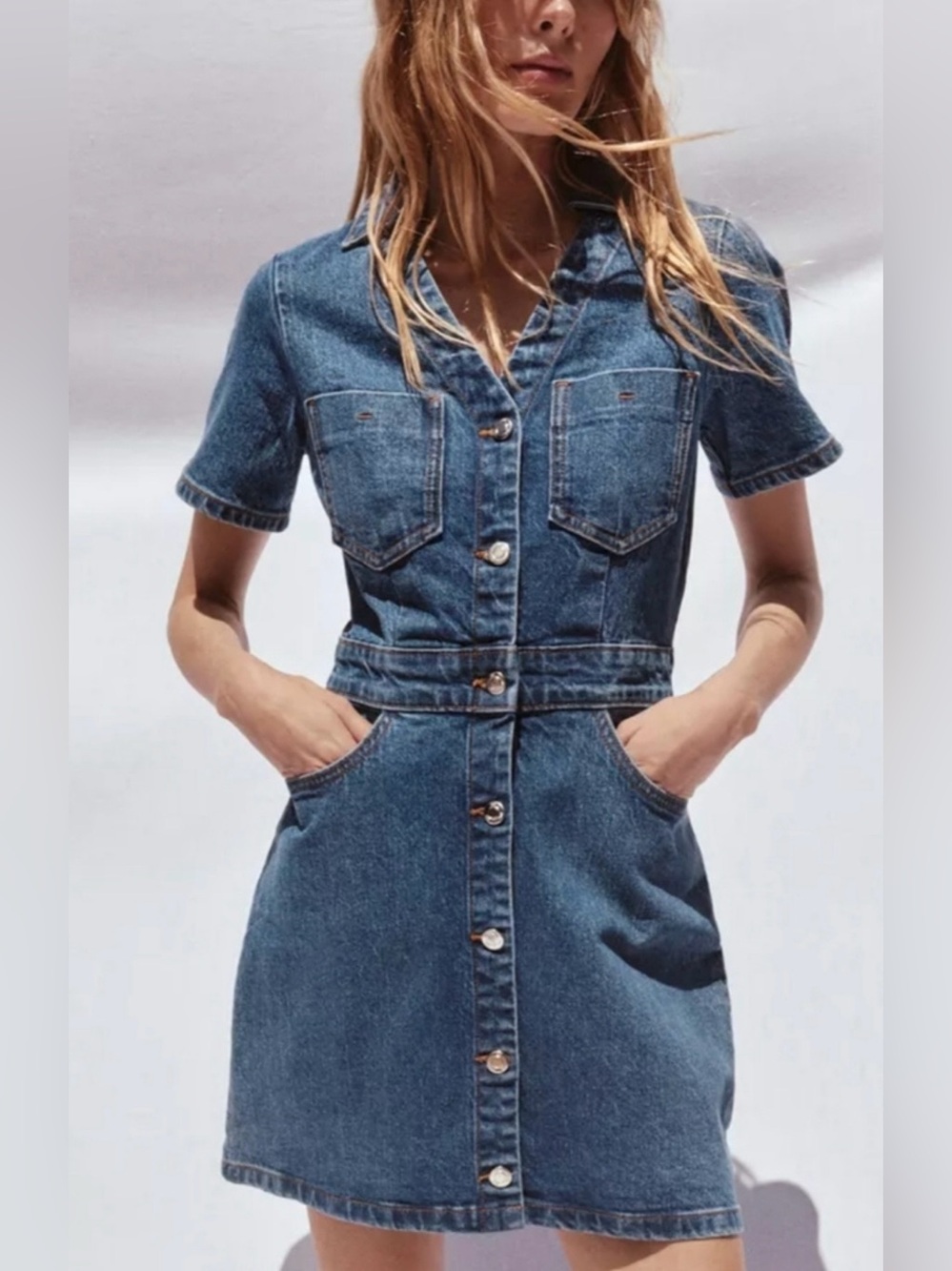 Zara Blue Denim Button-Front Mini Dress